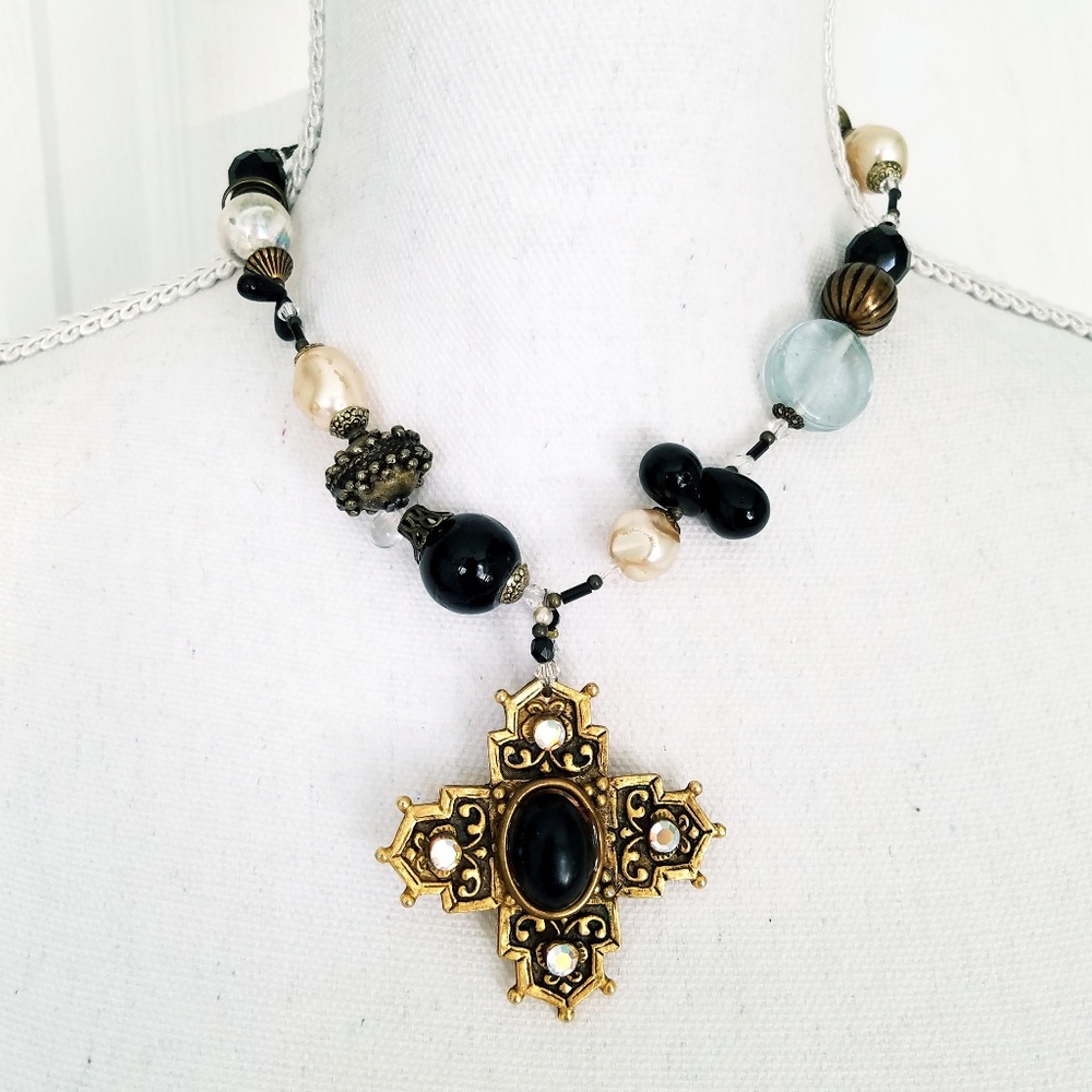 Treska | Statement Cross Necklace Black Gold - Picture 1 of 3